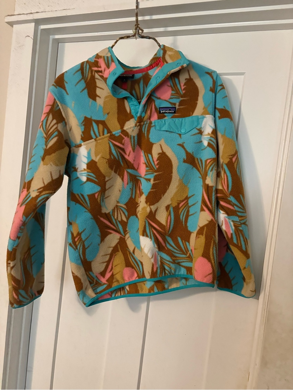 Patagonia Synchilla Womens Turquoise Feather-Print Fleece Pullover